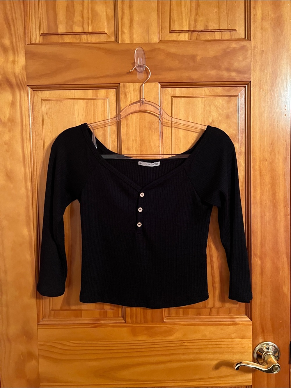 Waffle Knit Button-Front Long Sleeve Top - Black